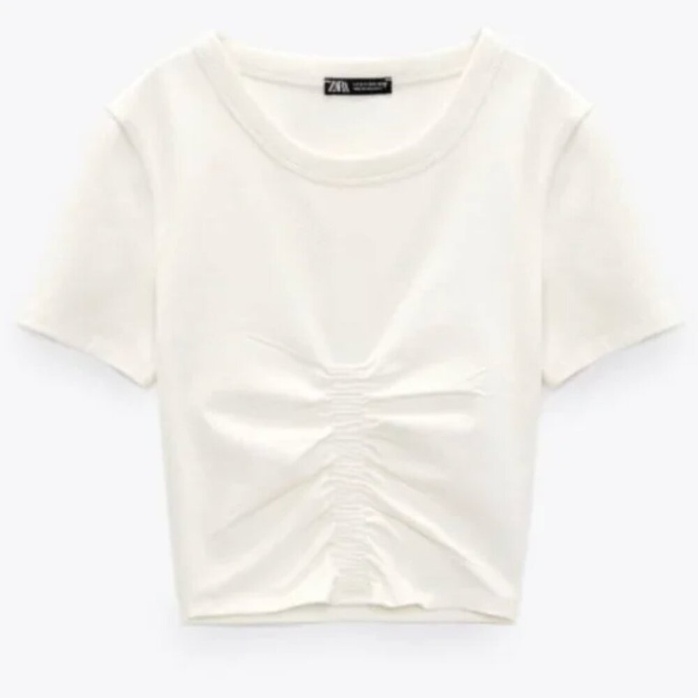 ZARA WHITE STRETCH RUCHED DETAIL T-SHIRT TOP